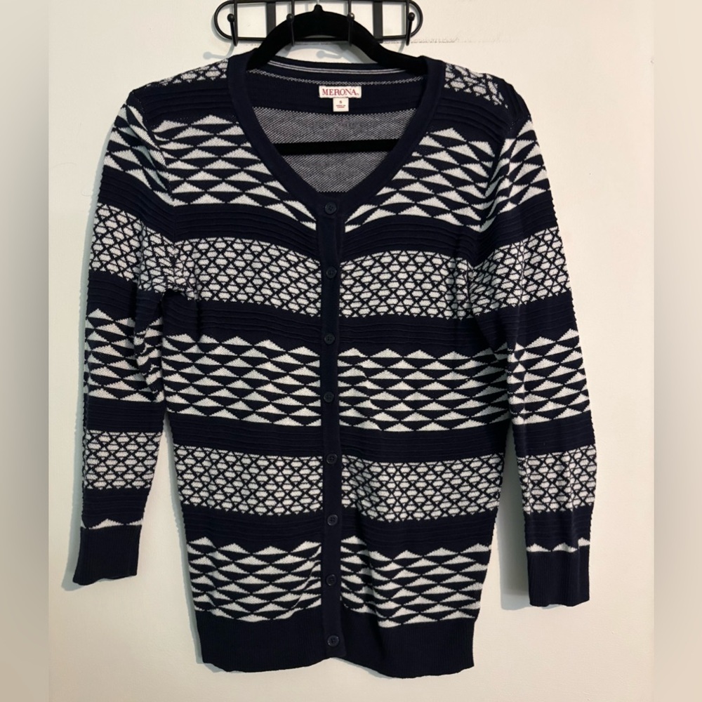 Merona Womens Navy White Cotton Sz Small Button Down‎ Cardigan Textured Striped